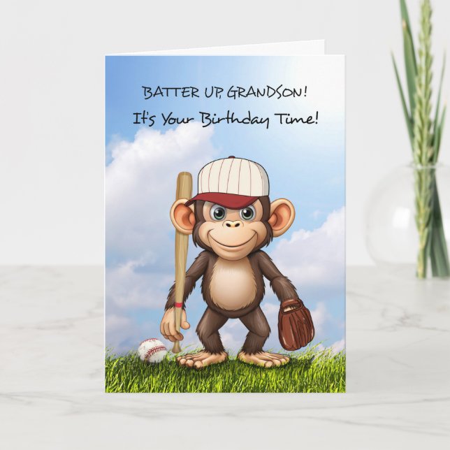 Carte Grandson Baseball Anniversaire Monkey Bat Ball Glo (Devant)