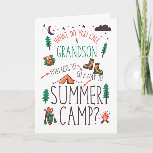 Carte Grandson Funny Summer Camp Orange Green Brown (Devant)