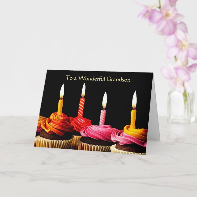 Carte Grandson Happy Birthday Cupcakes and Candles (Orchidée)