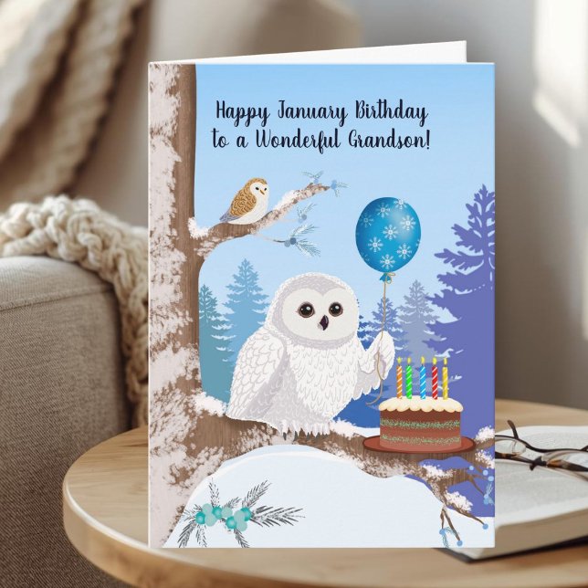 Carte Grandson Happy January Birthday Snowy Owl (Créateur téléchargé)