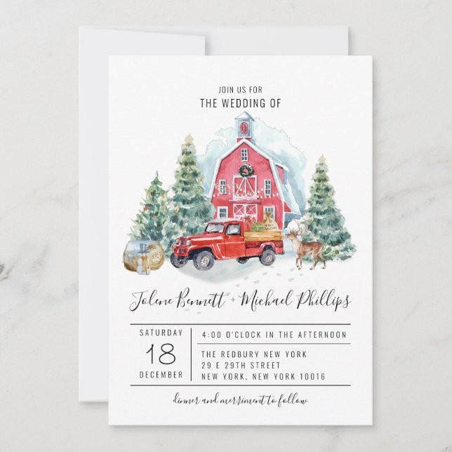 Carte Grange élégant d'hiver | Mariage à l'aquarelle (Devant)