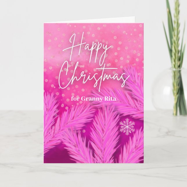 Carte Granny Joyeux Noël en rose avec branches de pin (Devant)