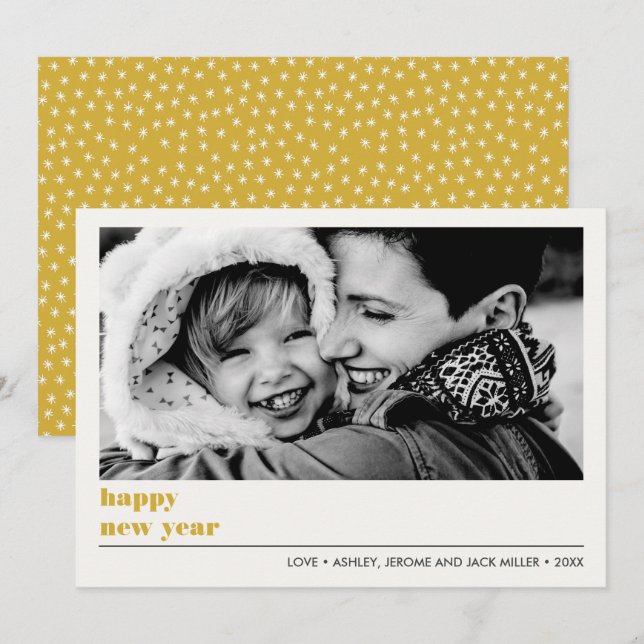 Carte Graphique minimal | Photo du nouvel an Gold Happy (Devant / Derrière)