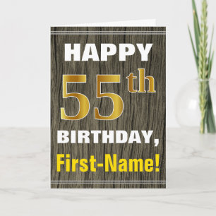 Carte Gras, Bois Faux, Or Faux 55e Anniversaire + Nom