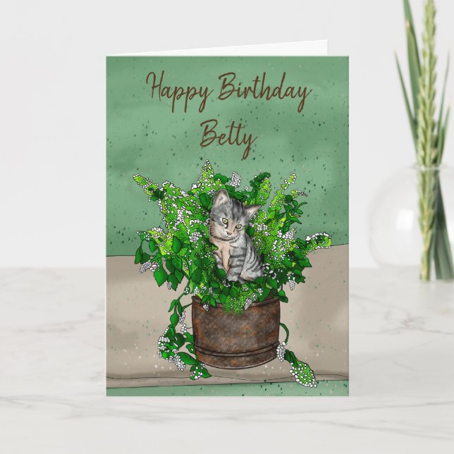 Carte Gray Kitten assis dans un pot de navet Anniversair (Devant)