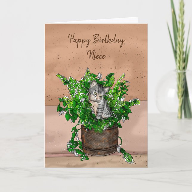 Carte Gray Kitten assis dans un pot de navet Anniversair (Devant)