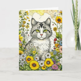 Carte Gray Kitty Chat assis en Fleurs Anniversaire