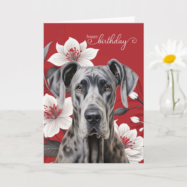 Carte Great Dane Dog Birthday White Lilies on Red (Petite plante)