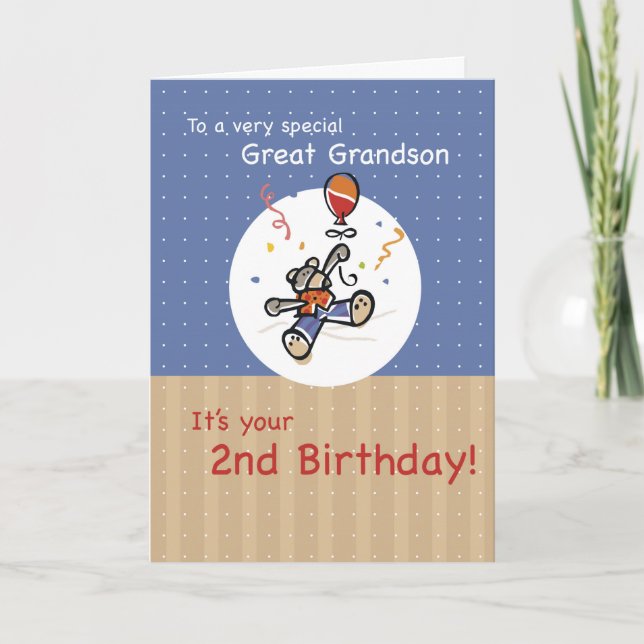 Carte Great Grandson 2e Teddy Bear Balloon Anniversaire (Devant)