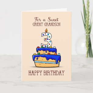 Carte Great Grandson 3e anniversaire, 3 sur le gâteau bl