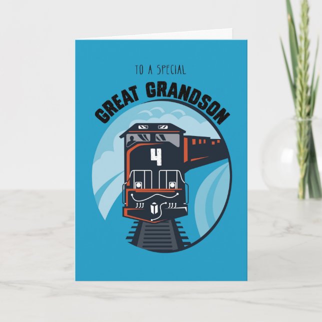 Carte Great Grandson 4th Birthday Train, Little Boy, Blu (Devant)