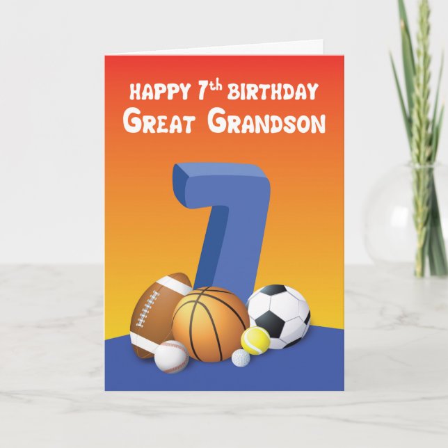 Carte Great Grandson 7e anniversaire Sports Balls (Devant)