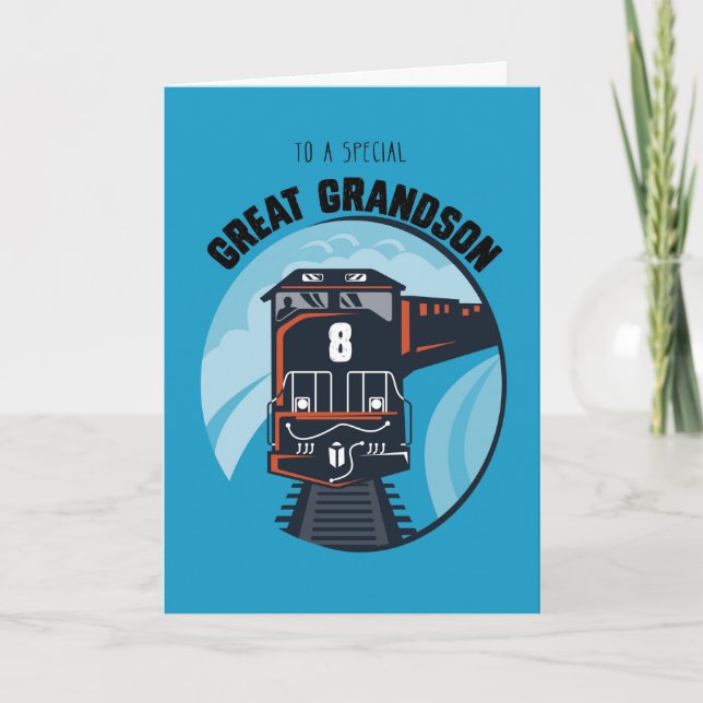 Carte Great Grandson 8th Birthday Train, Little Boy, Blu (Devant)