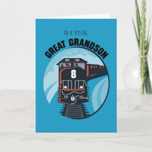 Carte Great Grandson 8th Birthday Train, Little Boy, Blu