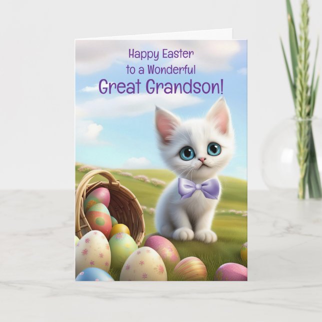 Carte Great Grandson Happy Easter with Cute White Kitten (Devant)