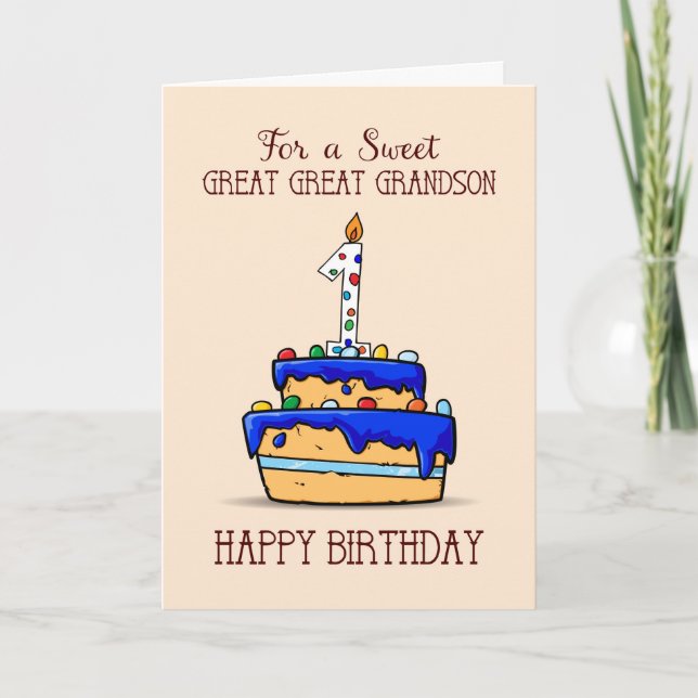 Carte Great Great Grand-fils 1er anniversaire, gâteau bl (Devant)
