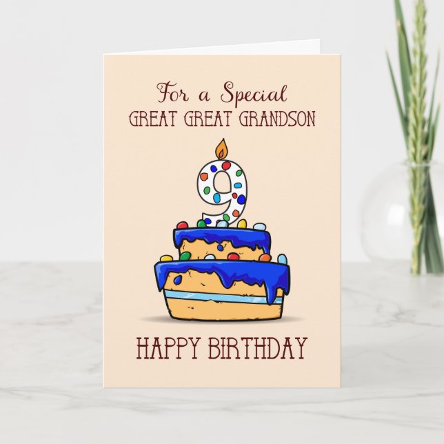 Carte Great Great Grandson 9e anniversaire, gâteau bleu  (Devant)
