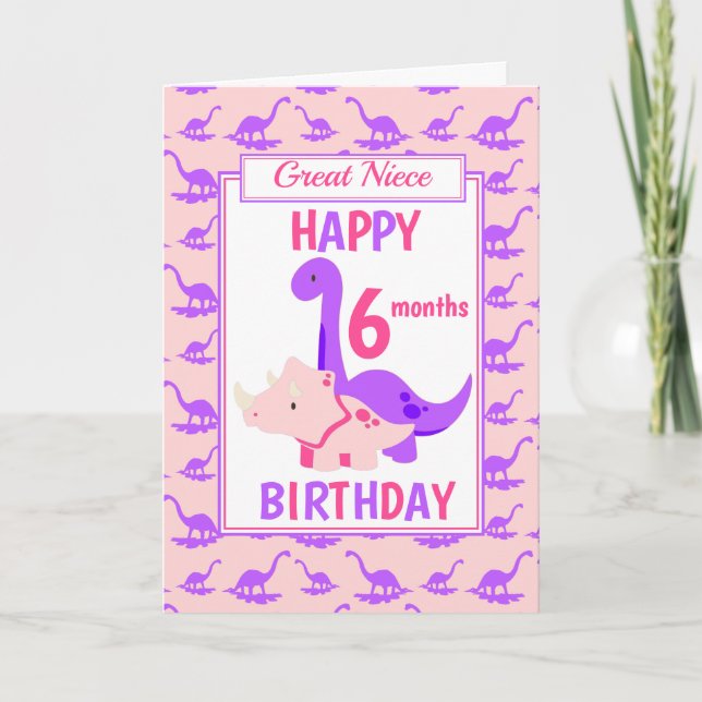 Carte Great Niece Dinosaur 6 mois Anniversaire rose (Devant)
