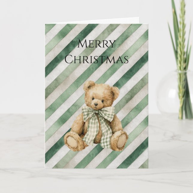 Carte Green Cream Stripes Teddy Bear Christmas (Devant)