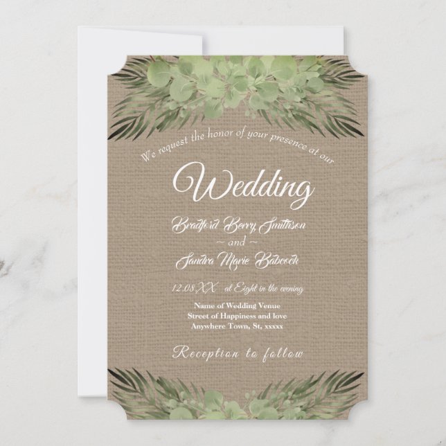 Carte Green Eucalyptus Palm feuilles Mariage élégant (Devant)