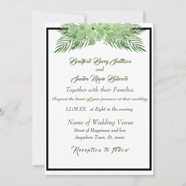 Carte Green Eucalyptus Palm feuilles Mariage élégant (Devant)