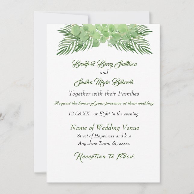 Carte Green Eucalyptus Palm feuilles Mariage élégant (Devant)