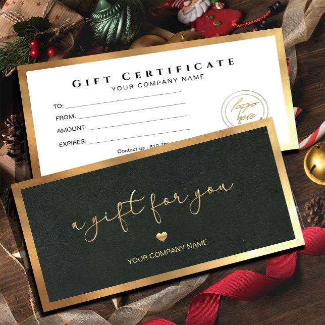 Carte Green Gold Frame Ajouter un certificat cadeau logo (Give the gift of choice in a chic green frame! Perfect for any celebration or occasion.)
