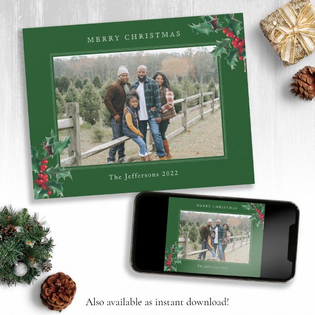 Carte Green Joyeux Noël Holly Photo Holiday (Green Merry Christmas Holly Photo Holiday Card)