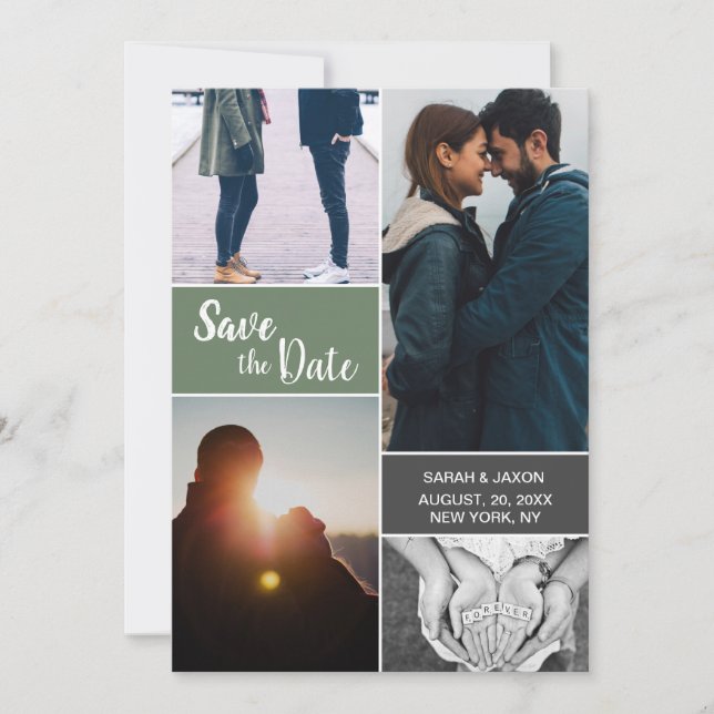 Carte Green Modern Custom fiançailles photos collage (Devant)