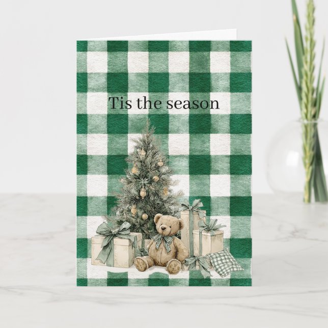 Carte Green Plaid Christmas Tree Teddy Bear Gifts (Devant)