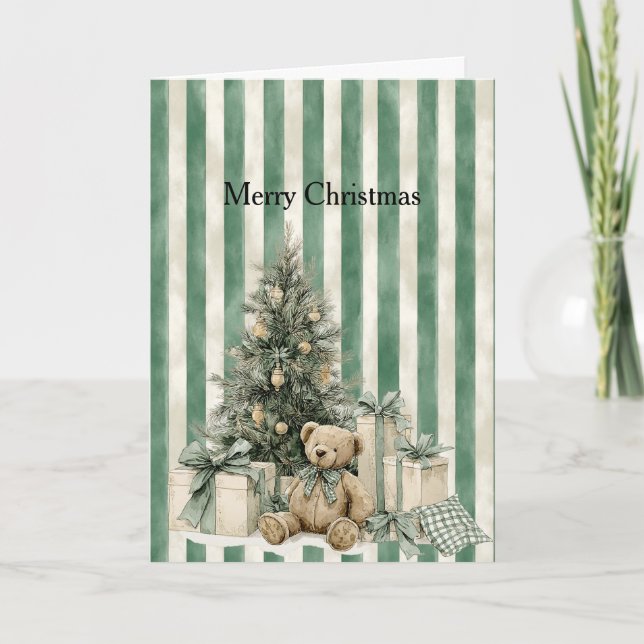 Carte Green Stripes Christmas Tree Teddy Bear Gifts (Devant)
