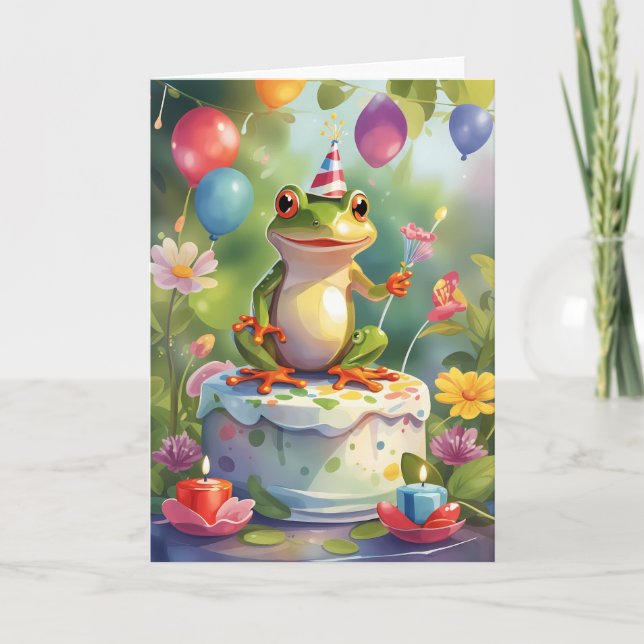Carte Grenouille avec gâteau, bougies et ballons (Devant)