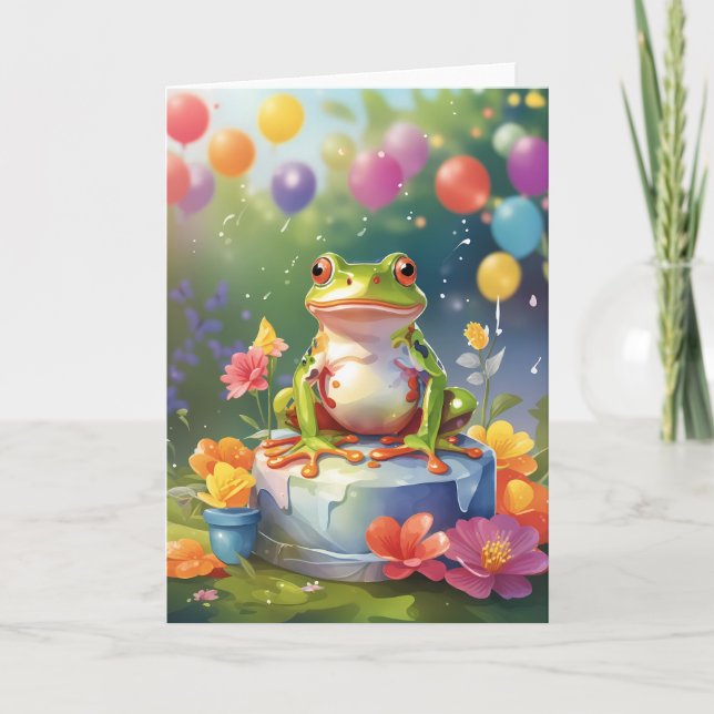 Carte Grenouille avec gâteau et ballons (Devant)