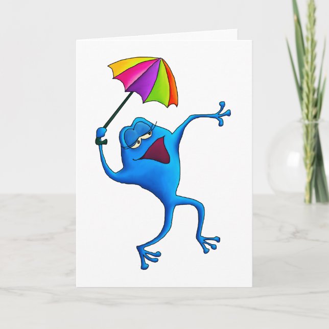 Carte Grenouille bleue de chant avec le parapluie (Devant)