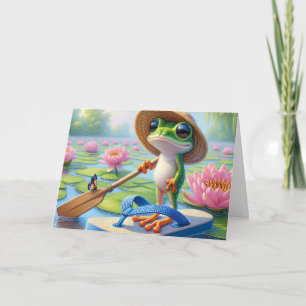 Carte Grenouille d'anniversaire flottant sur un tonneau