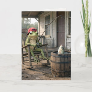 Carte Grenouille d'anniversaire pêchant dans un tonneau