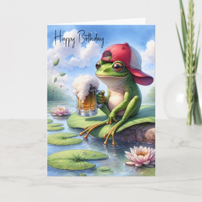 Carte Grenouille d'anniversaire tenant une Mug de bière (Devant)