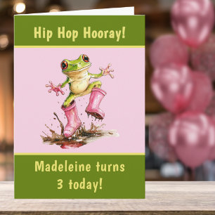 Carte Grenouille en bottes de pluie roses Anniversaire d