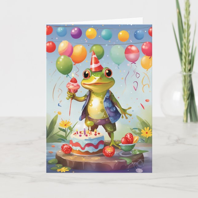 Carte Grenouille souriante avec fête (Devant)