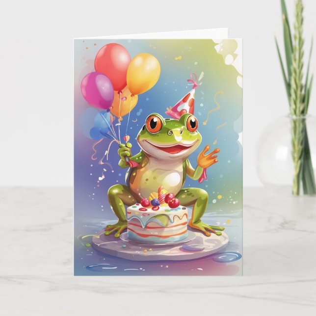 Carte Grenouille souriante Célébration avec gâteau (Devant)