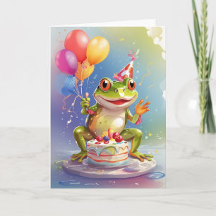 Carte Grenouille souriante Célébration avec gâteau