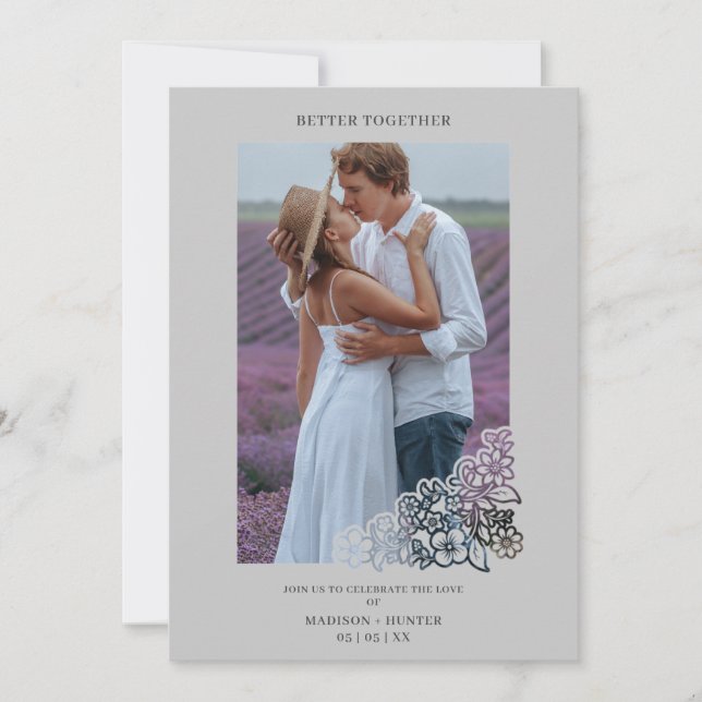 Carte Grey Elegant Photo Botanical Frame Wedding (Devant)