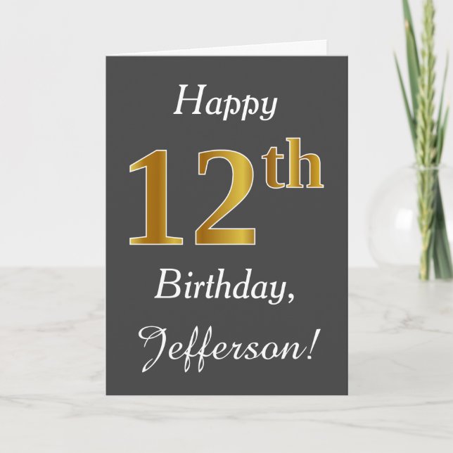 Carte Grey, Faux Gold 12e anniversaire + Nom personnalis (Devant)