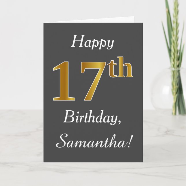 Carte Grey, Faux Gold 17e anniversaire + Nom personnalis (Devant)