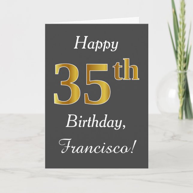 Carte Grey, Faux Gold 35e anniversaire + Nom personnalis (Devant)
