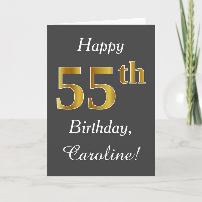 Carte Grey, Faux Gold 55e anniversaire + Nom personnalis (Devant)