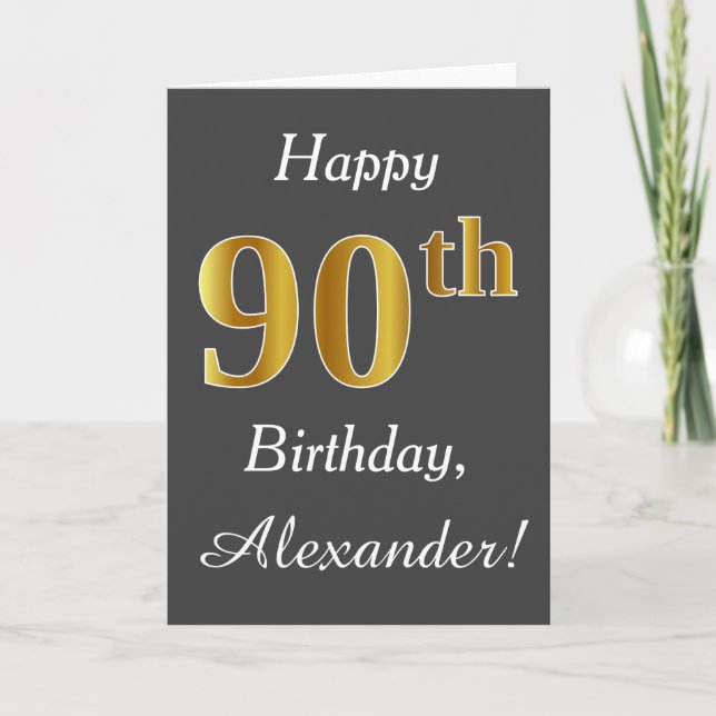 Carte Grey, Faux Gold 90e anniversaire + Nom personnalis (Devant)