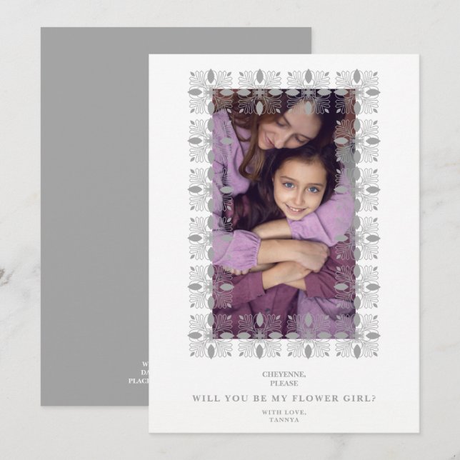 Carte Grey Lace Effect Chic Frame Flower Girl Bridesmaid (Devant / Derrière)