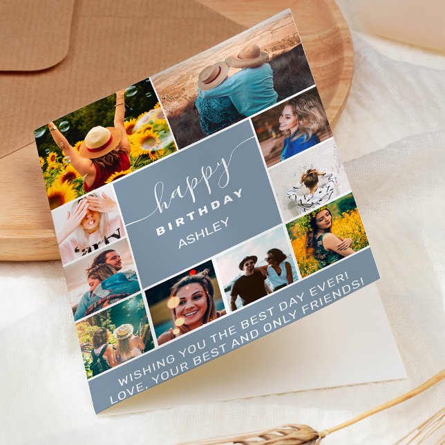 Carte Grille de collage photo bleu pâle 10 (Modern birthday dusty blue 10 photo collage grid card)