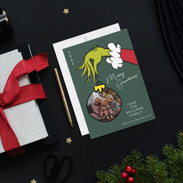 Carte Grinch Joyeux Grinchmas Famille Photo Noël (Card on table)